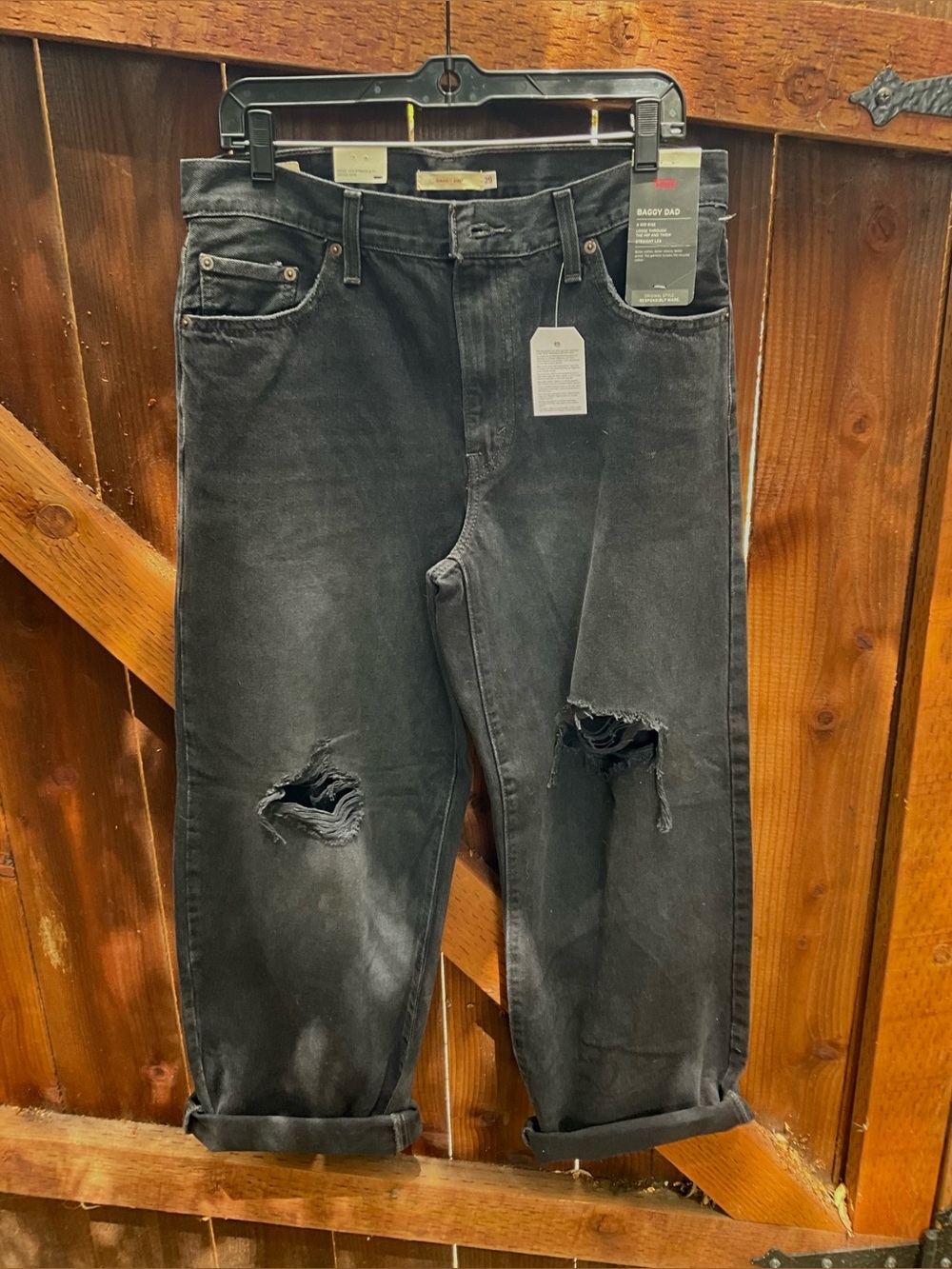 New Levi's Big E Black Distressed Wide Leg Baggy Dad Jeans 29 x 30